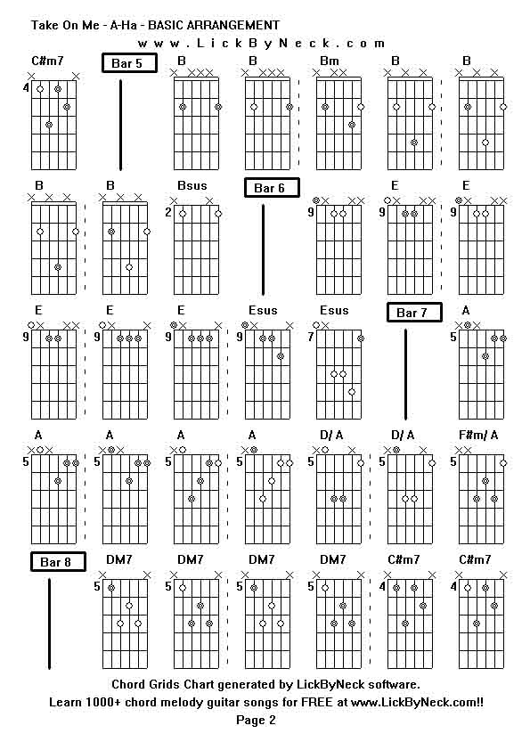 Chord Grids Chart of chord melody fingerstyle guitar song-Take On Me - A-Ha - BASIC ARRANGEMENT,generated by LickByNeck software.